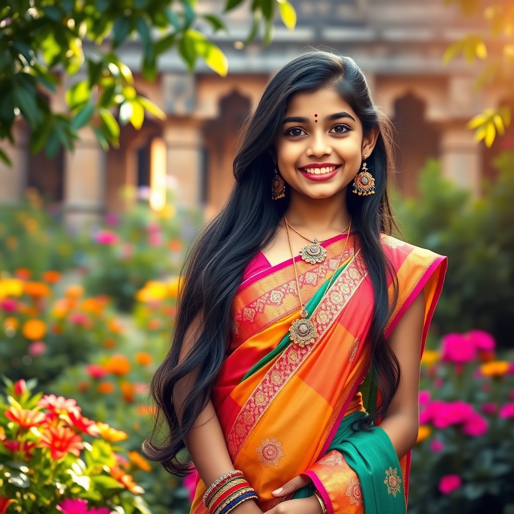 A beautiful Indian girl wearing a colorful traditional saree, adorned with intricate embroidery and matching accessories
