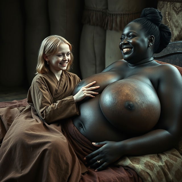 In a medieval bedroom, two women are depicted lying on a bed