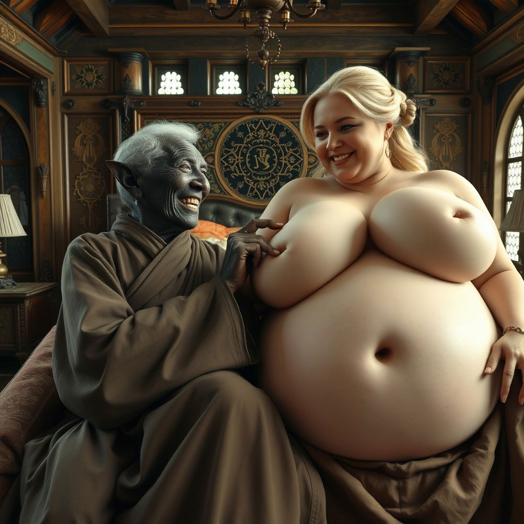 In a spacious medieval bedroom, two women are lying on an elaborate, large bed