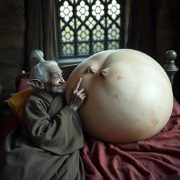 Lying on a medieval bed in a medieval room, an elderly black woman, very small and malnourished, with rotten teeth and elf ears, is dressed in a long, fully closed Buddhist robe