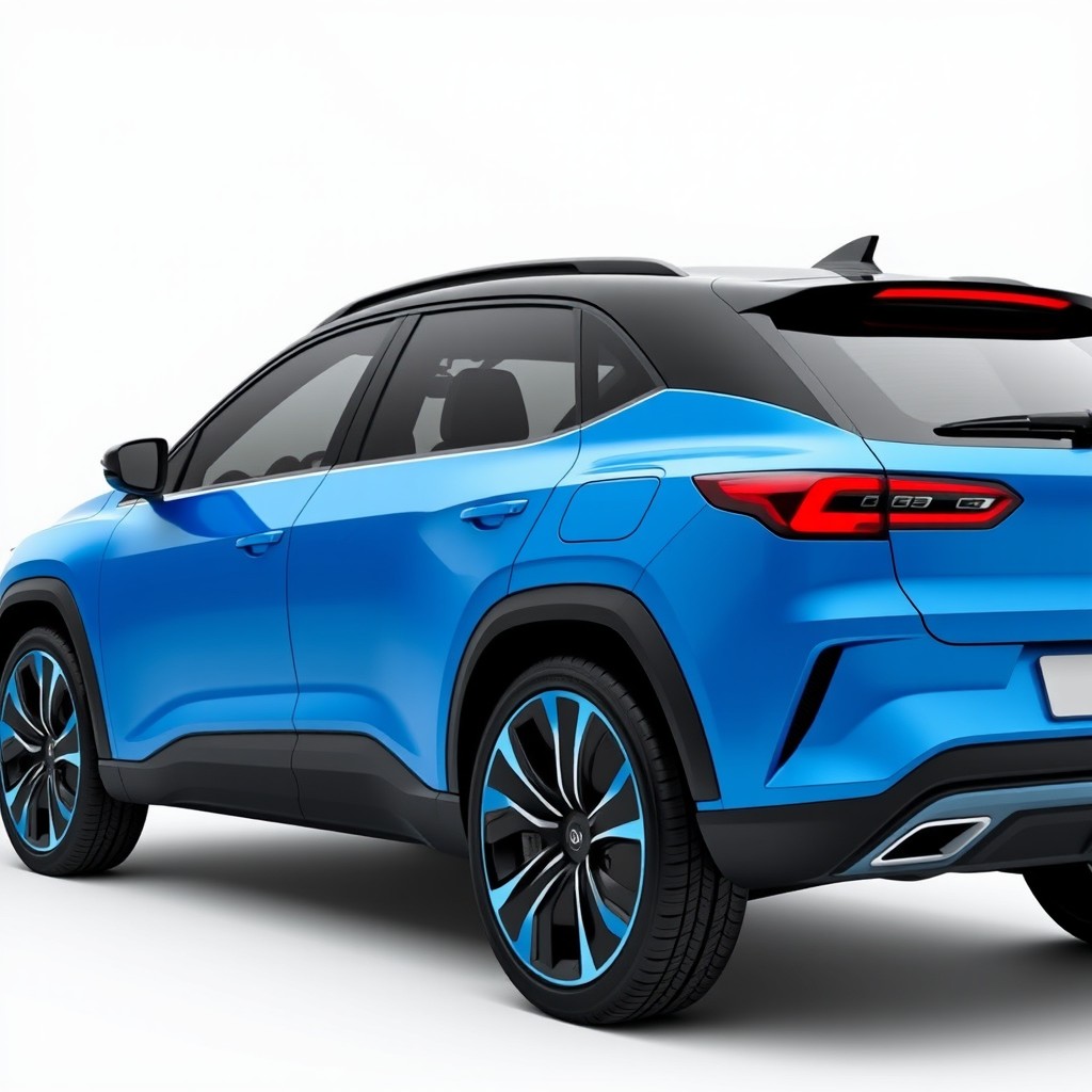 A sleek electric crossover car featuring retractable handles and a footrest, painted in a vibrant blue color with a contrasting black roof and fenders