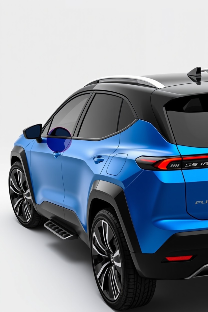 A sleek electric crossover vehicle featuring retractable handles and a footrest, designed in a striking blue color with a contrasting black roof and fenders