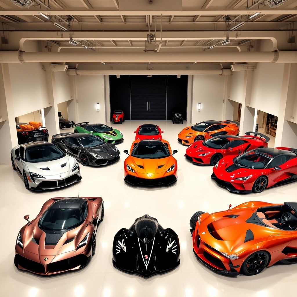 A luxurious and spacious garage filled with high-performance supercars