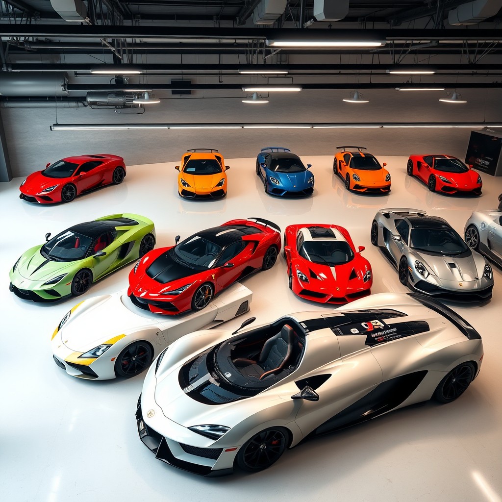 A luxurious garage featuring a lineup of nine iconic supercars: a Nissan 350Z showcasing its sleek design, a Toyota Supra Mk4 (JZA80) in its classic color, a powerful Lamborghini Urus, a stunning Lamborghini Aventador Ultimae, a beautiful Ferrari 488 Spider in its iconic red, a striking LaFerrari, a sleek McLaren P1, an impressive Porsche 918 Spider, and an exclusive Bugatti Mistral, each car displayed in their respective historical brand colors