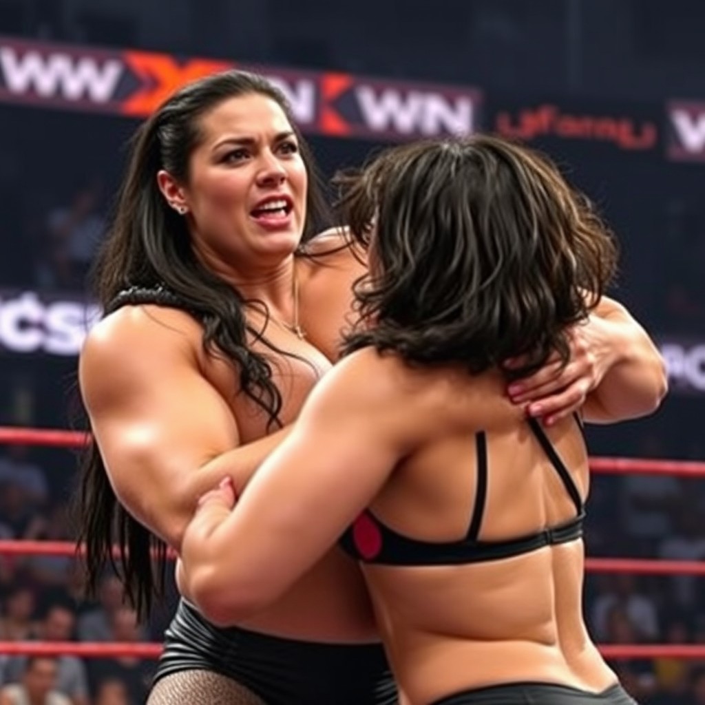 A powerful woman with a strong physique and a voluptuous figure is in an intense wrestling match with another woman, showcasing strength and determination