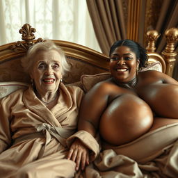 Lying on an opulent luxury bed in a beautifully decorated luxury room, an elderly blonde woman with light skin, petite stature, and signs of malnutrition showcases her decayed teeth