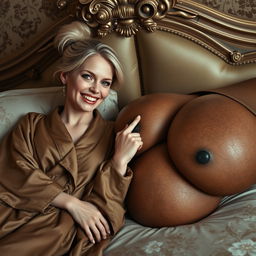 Lying on an opulent luxury bed in a beautifully decorated luxury room, a young petite blonde woman with fair skin shows signs of malnutrition, displaying her decayed teeth