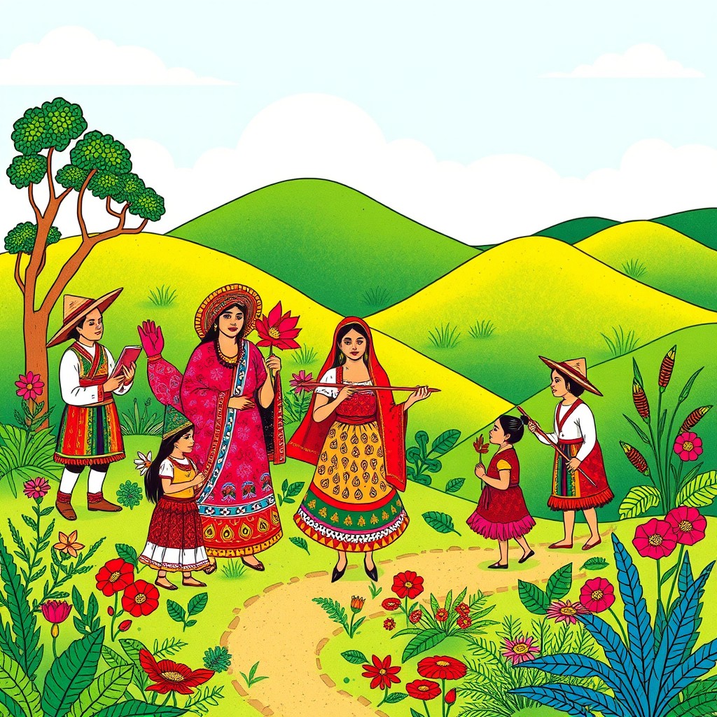 A vibrant and colorful Cordel literature scene depicting intricate illustrations with traditional Brazilian folktale themes
