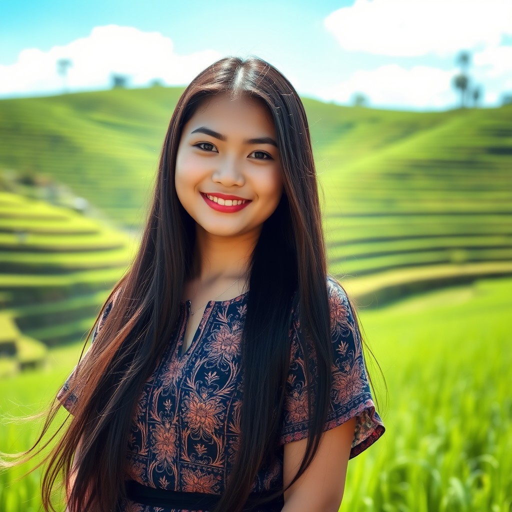 A beautiful 19-year-old Indonesian woman with long, flowing black hair, wearing a traditional batik dress, standing gracefully in a picturesque rice field