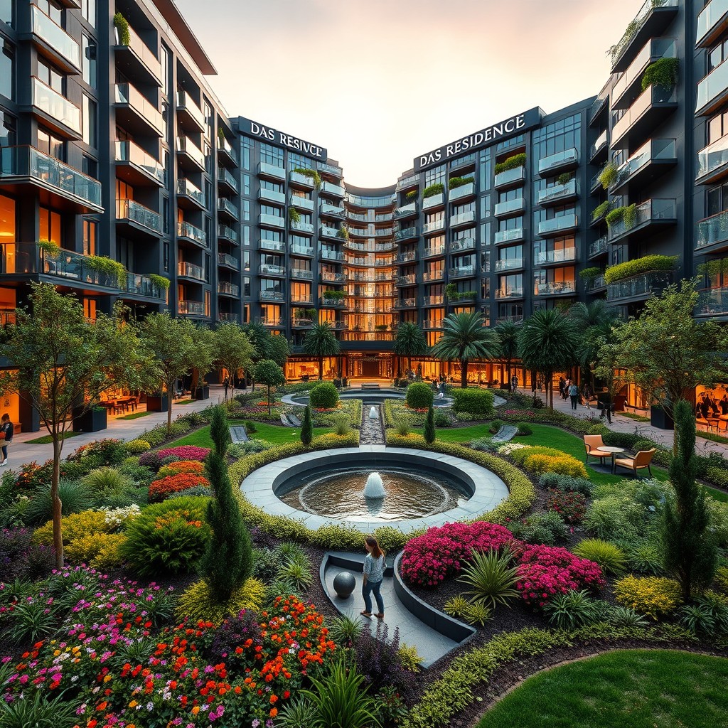 A luxurious modern apartment complex named 'DAS RESIDENCE' surrounded by a stylish urban landscape