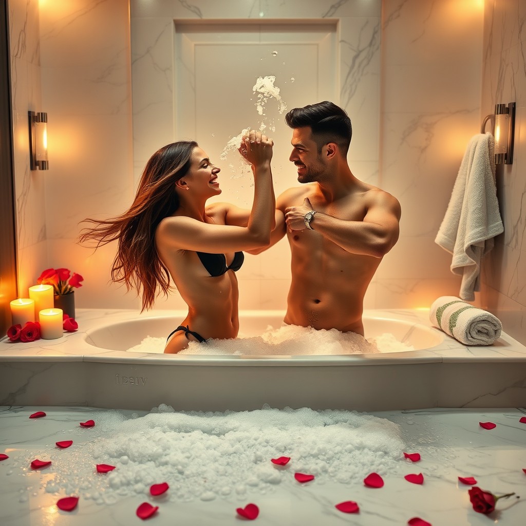 A passionate couple sharing an intimate moment in a beautifully designed bathroom, with soft candlelight reflecting off marble surfaces and a large soaking tub filled with bubbles