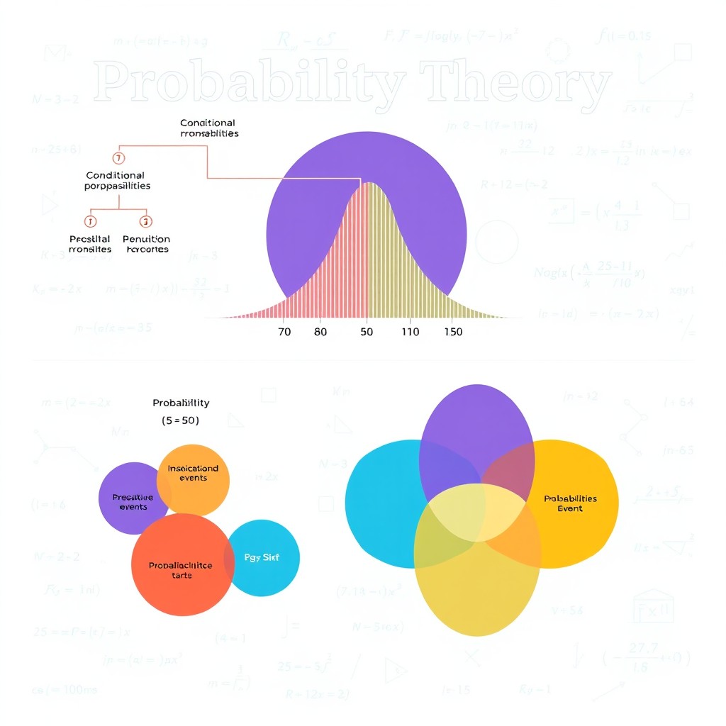 An intricate visual representation of probability theory, featuring a vibrant tree diagram illustrating conditional probabilities, a stylized bell curve displaying normal distribution, and a series of colorful probability circles intersecting to show events in a Venn diagram format