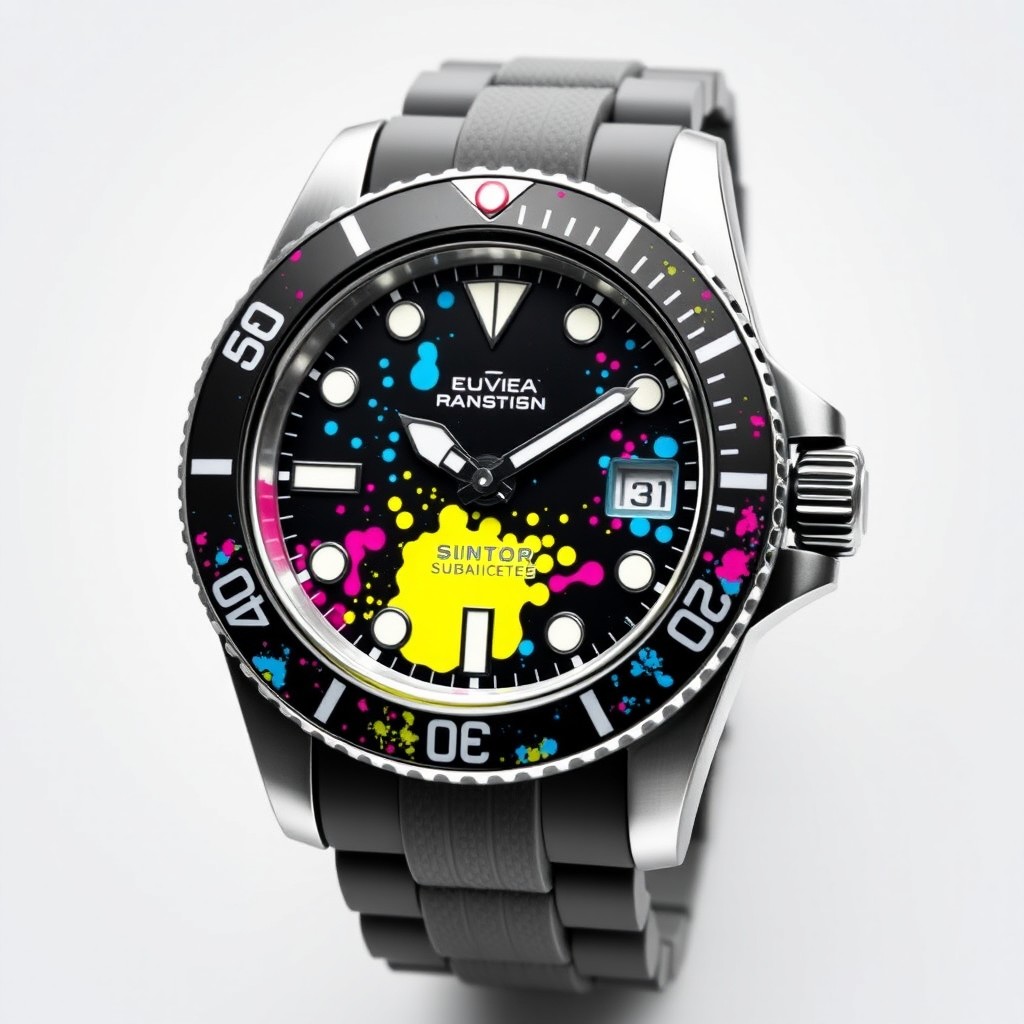 A submarine-style watch design featuring a sleek and durable stainless steel case with a vibrant splash of paint creatively splattered across the watch face