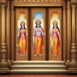 A captivating image of deity Lord Rama, Goddess Seeta, Lord Laxman, and Lord Hanuman gracefully exiting from a high-end elevator, capturing the moment the elevator doors are opening.