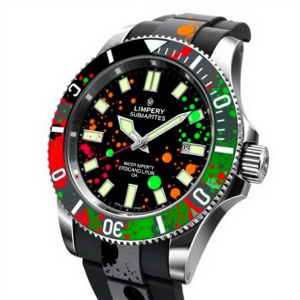 A submarine-style watch design characterized by a robust and water-resistant stainless steel casing, adorned with a dynamic paint splatter effect across the watch face