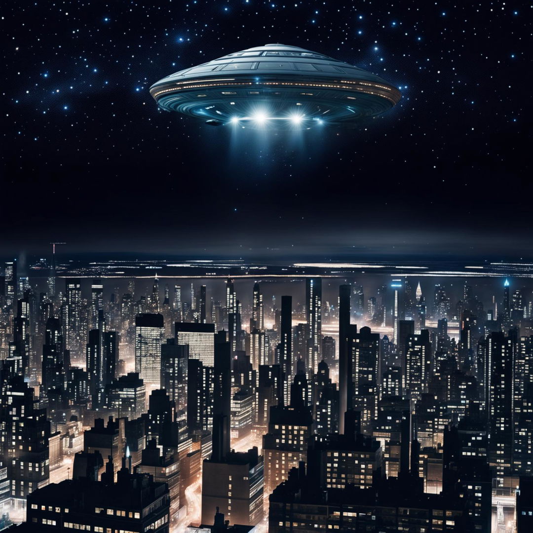 A more realistic digital image of a UFO mothership subtly visible in the night sky above New York City