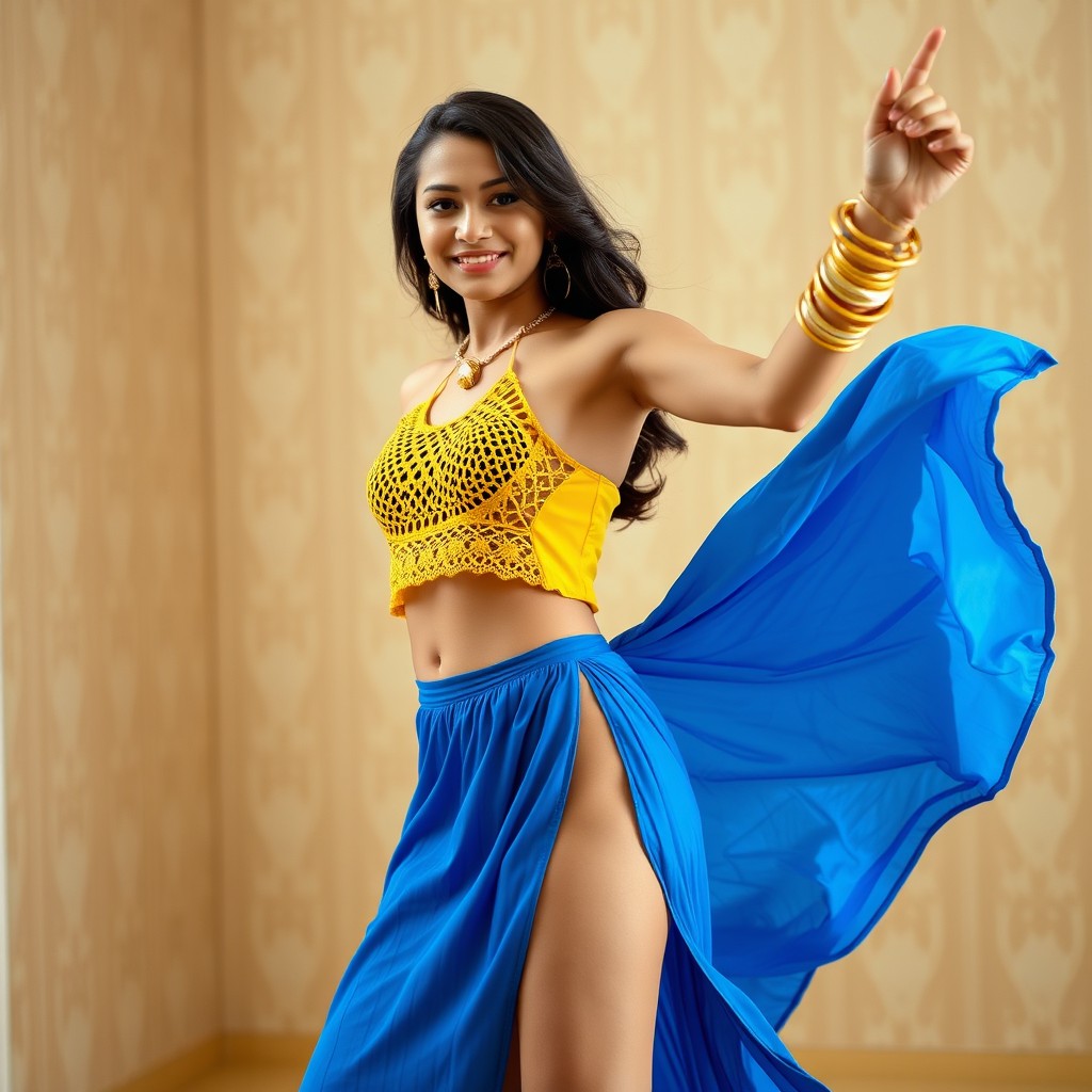 A young, fair-skinned woman of South Asian ethnicity is the central focus