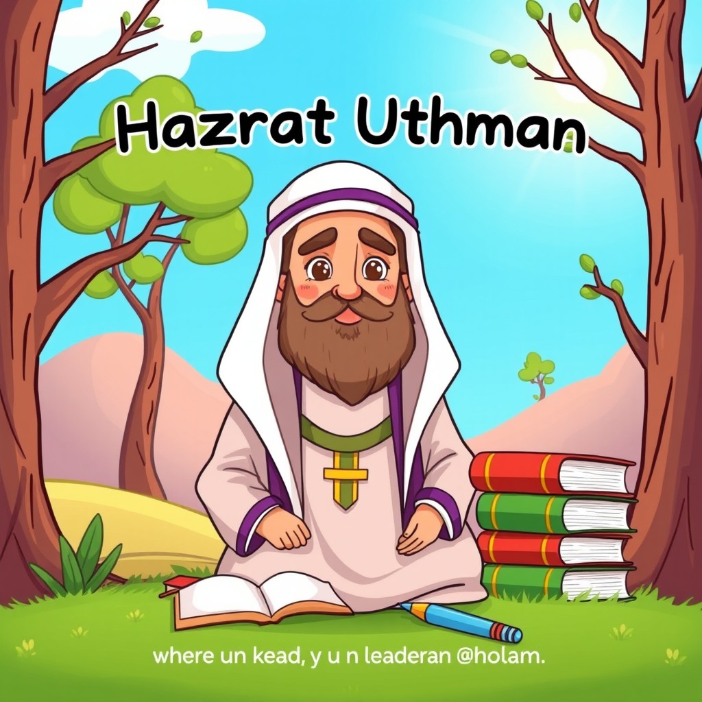 A colorful and engaging illustration of Hazrat Uthman, the third caliph of Islam, depicted in traditional Islamic clothing, with a kind and wise expression