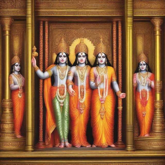 A captivating image of deity Lord Rama, Goddess Seeta, Lord Laxman, and Lord Hanuman gracefully exiting from a high-end elevator, capturing the moment the elevator doors are opening.