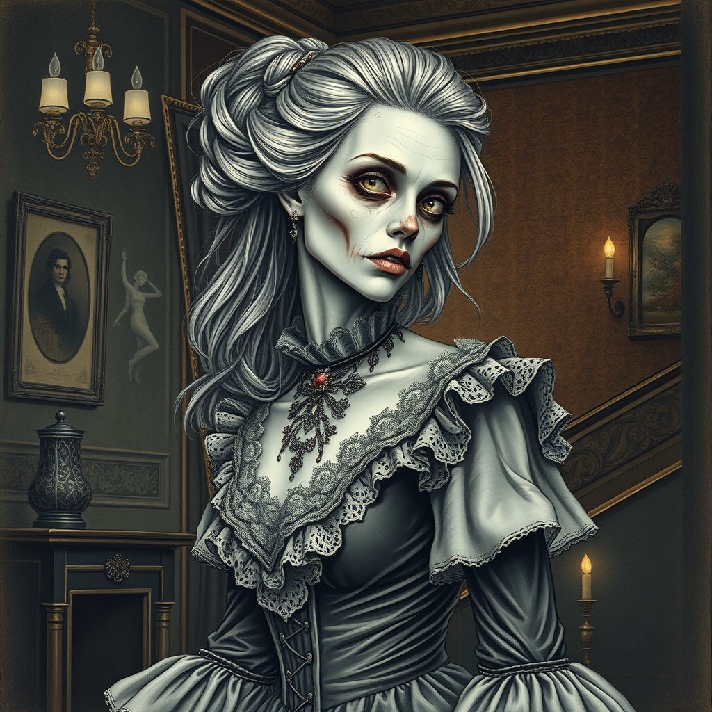 A beautifully detailed Victorian portrait of a zombie lady, showcasing her elegant dress from the Victorian era with intricate lace and ruffles, her complexion pale and ghostly with subtle hints of decay, long flowing hair styled in an elegant updo, and a haunting yet captivating expression
