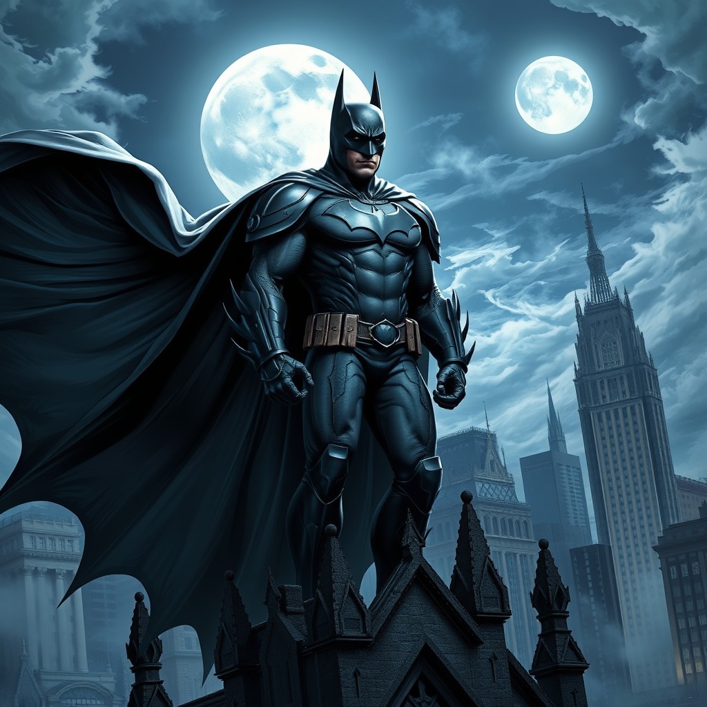 A dynamic and striking depiction of Batman standing atop a gothic building in Gotham City at night