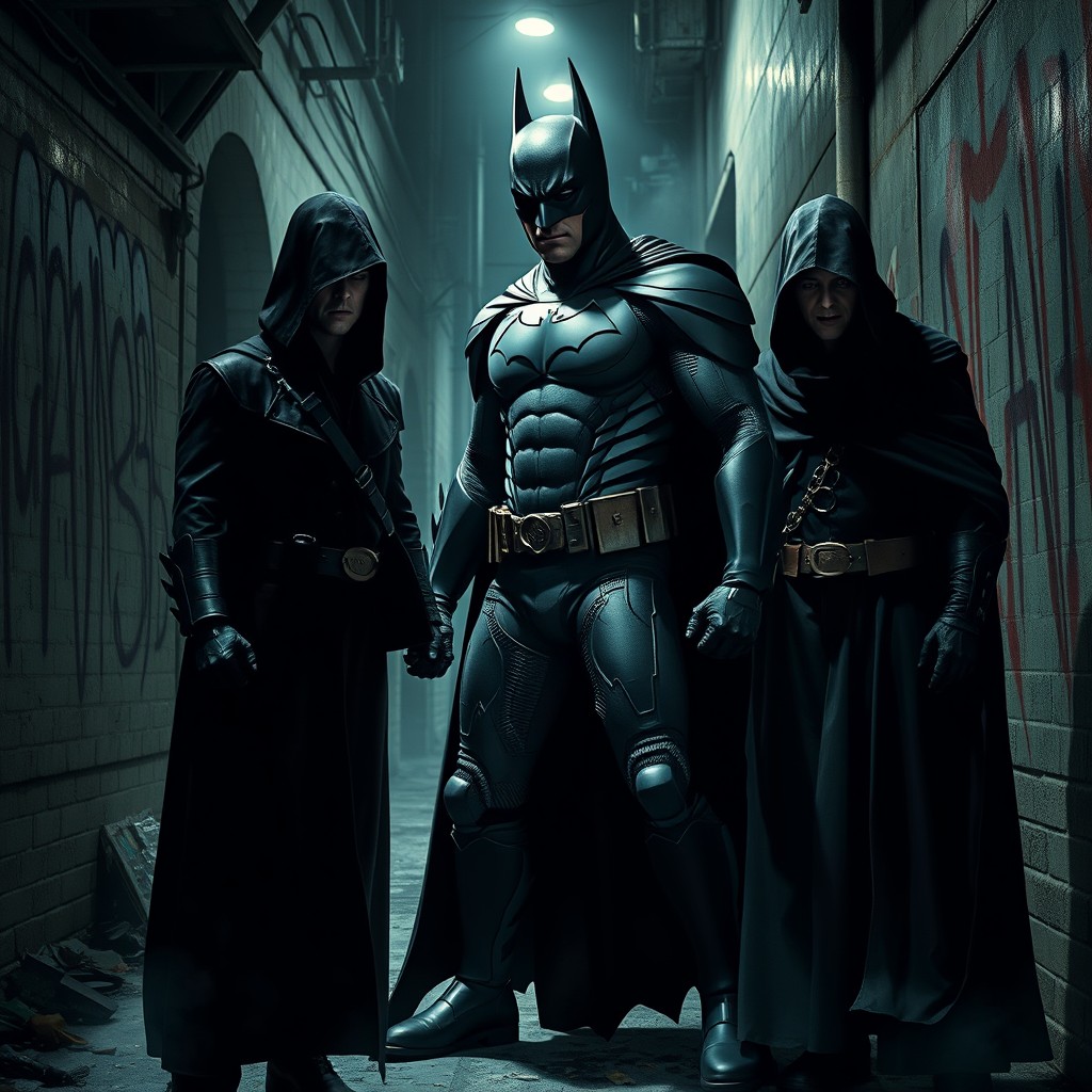 A dramatic and intense scene featuring Batman in a confrontation with three shadowy villains in a dimly lit alleyway of Gotham City