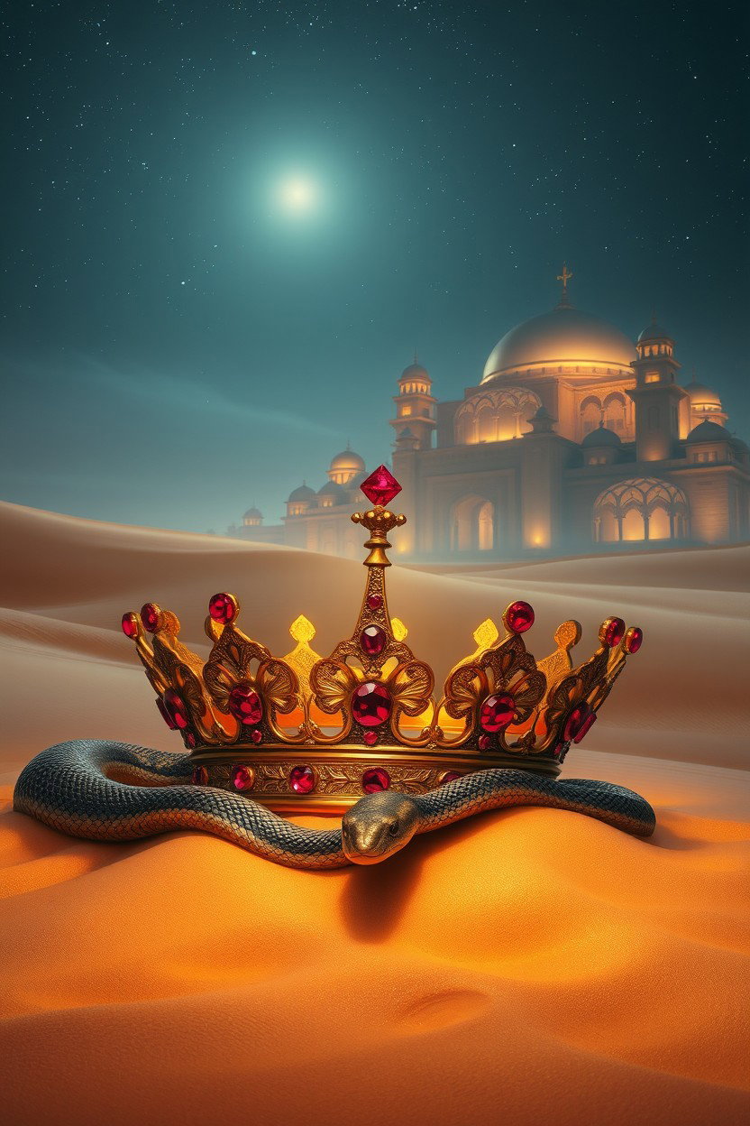 A mysterious desert at night, under a softly illuminated starry sky