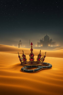 A mysterious desert at night, under a softly illuminated starry sky