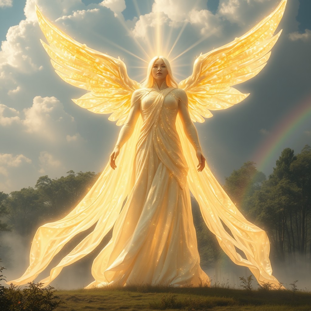 A giant and powerful light elemental manifesting as an ethereal being with shimmering golden and white hues