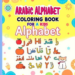 A vibrant and engaging book cover design for 'Arabic Alphabet Coloring Book for Kids'