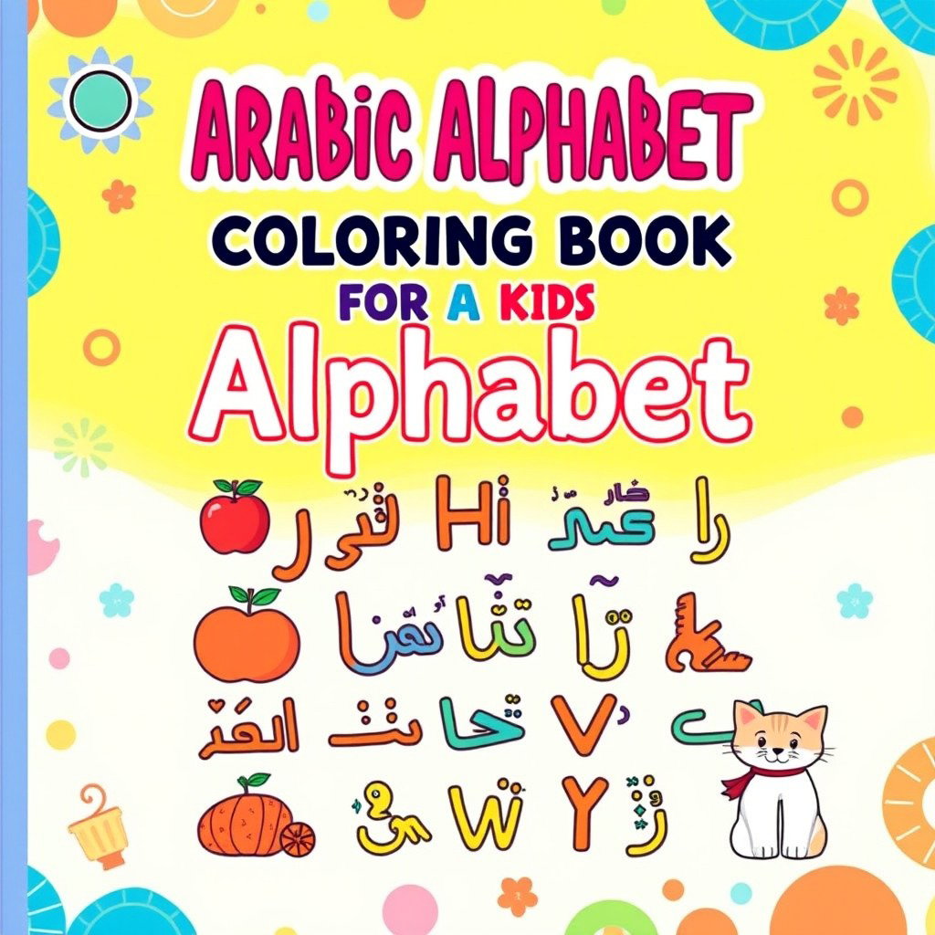A vibrant and engaging book cover design for 'Arabic Alphabet Coloring Book for Kids'