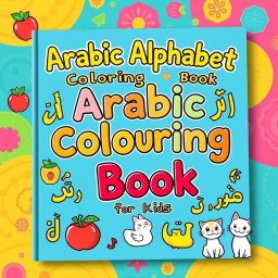 A vibrant and engaging book cover design for 'Arabic Alphabet Coloring Book for Kids'