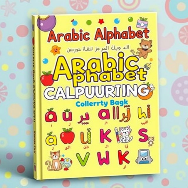 A vibrant and engaging book cover design for 'Arabic Alphabet Coloring Book for Kids'