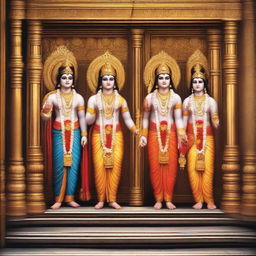 A captivating image of deity Lord Rama, Goddess Seeta, Lord Laxman, and Lord Hanuman gracefully exiting from a high-end elevator, capturing the moment the elevator doors are opening.