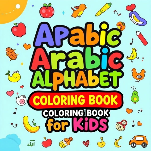 A colorful and engaging cover design for an 'Arabic Alphabet Coloring Book for Kids'