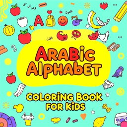A colorful and engaging cover design for an 'Arabic Alphabet Coloring Book for Kids'