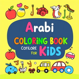 A colorful and engaging cover design for an 'Arabic Alphabet Coloring Book for Kids'