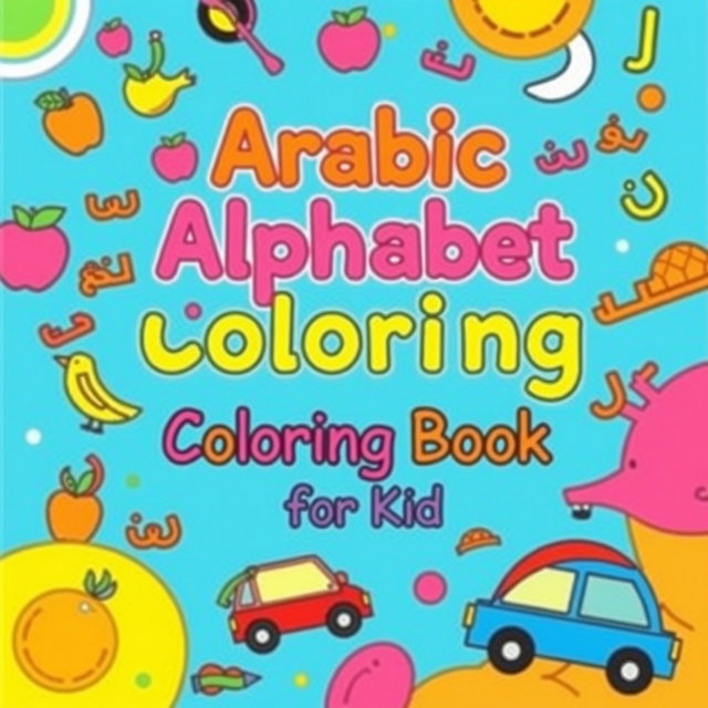 A colorful and engaging cover design for an 'Arabic Alphabet Coloring Book for Kids'