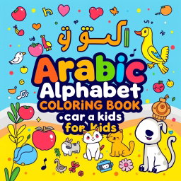A vibrant and engaging cover design for the 'Arabic Alphabet Coloring Book for Kids'