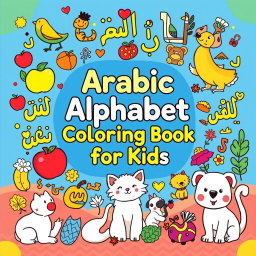 A vibrant and engaging cover design for the 'Arabic Alphabet Coloring Book for Kids'
