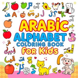 A vibrant and engaging cover design for the 'Arabic Alphabet Coloring Book for Kids'