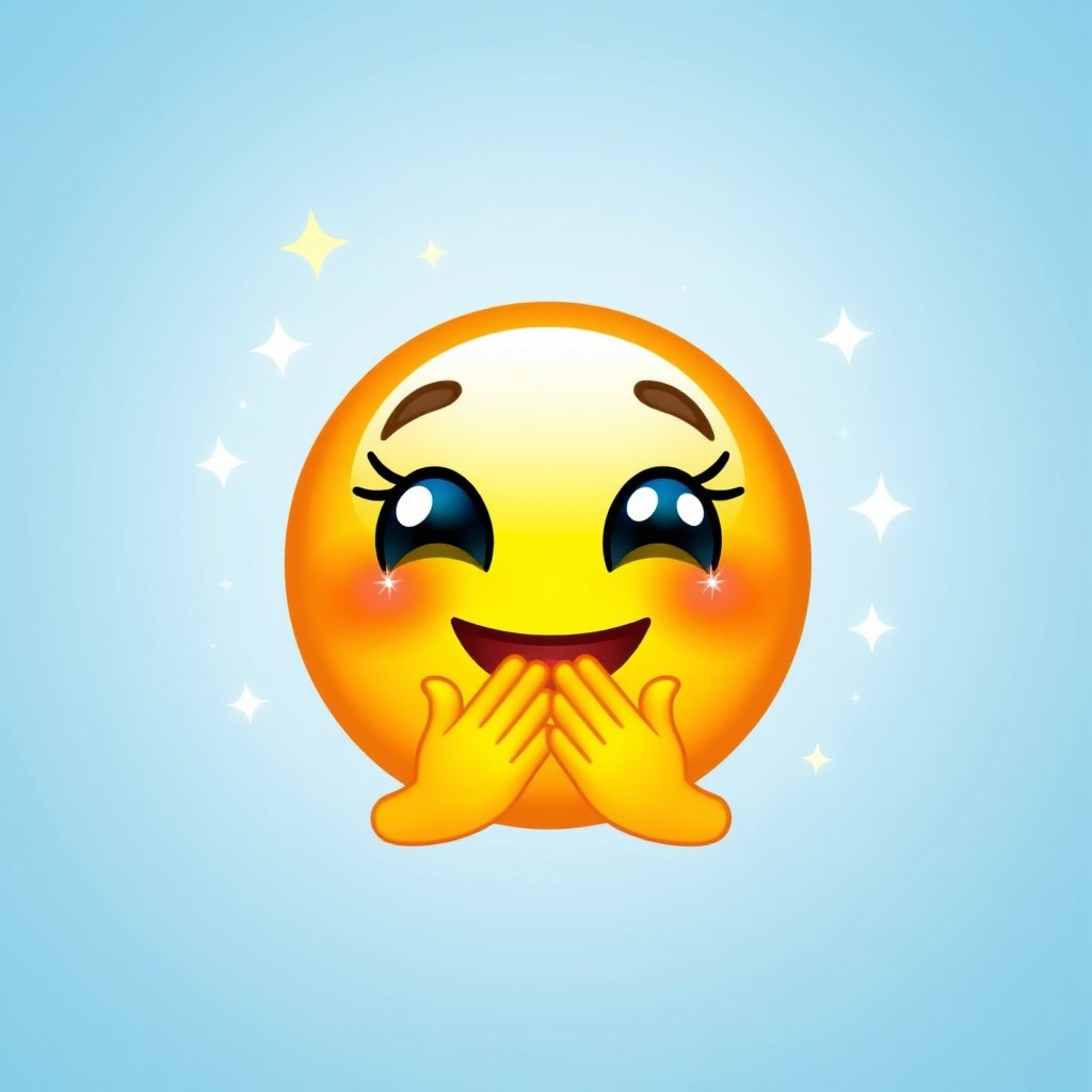 An emoji symbolizing a wish, featuring a cheerful yellow face with sparkling eyes, a wide smile, and hands clasped together in front of its chest as if making a wish