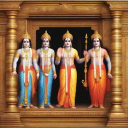 A captivating image of deity Lord Rama, Goddess Seeta, Lord Laxman, and Lord Hanuman gracefully exiting from a high-end elevator, capturing the moment the elevator doors are opening.