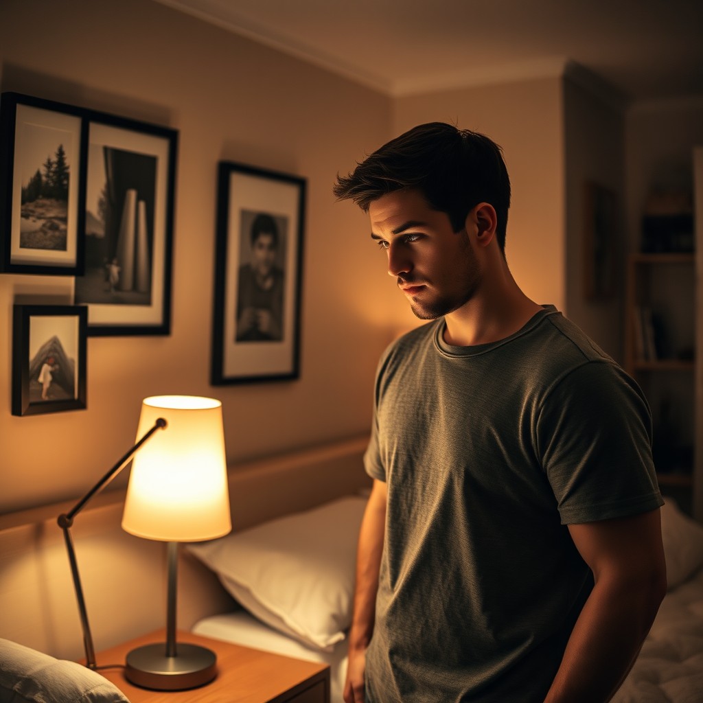A 30-year-old man standing in a cozy bedroom, intently watching a stylish bedside lamp