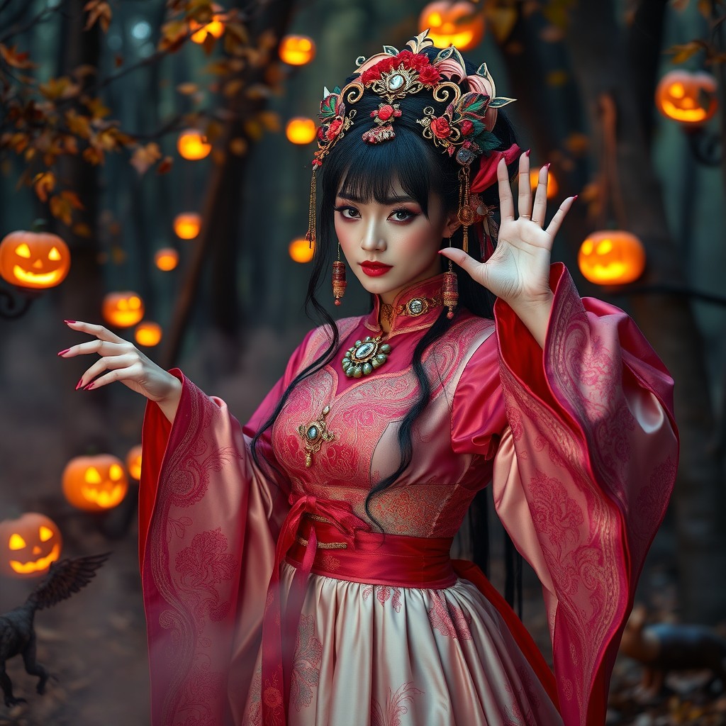 A captivating Asian Halloween costume featuring intricate designs and vibrant colors, set in a mystical forest adorned with glowing jack-o'-lanterns and autumn leaves