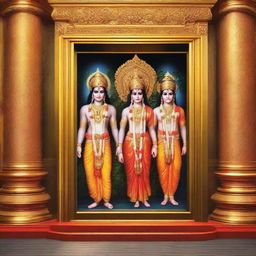 A stunning scene depicting Lord Rama, Goddess Seeta, Lord Laxman and Lord Hanuman collectively exiting a modern elevator, perfectly timed for the moment the elevator doors are sliding open.