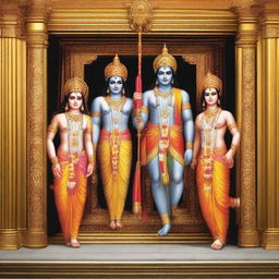 A stunning scene depicting Lord Rama, Goddess Seeta, Lord Laxman and Lord Hanuman collectively exiting a modern elevator, perfectly timed for the moment the elevator doors are sliding open.