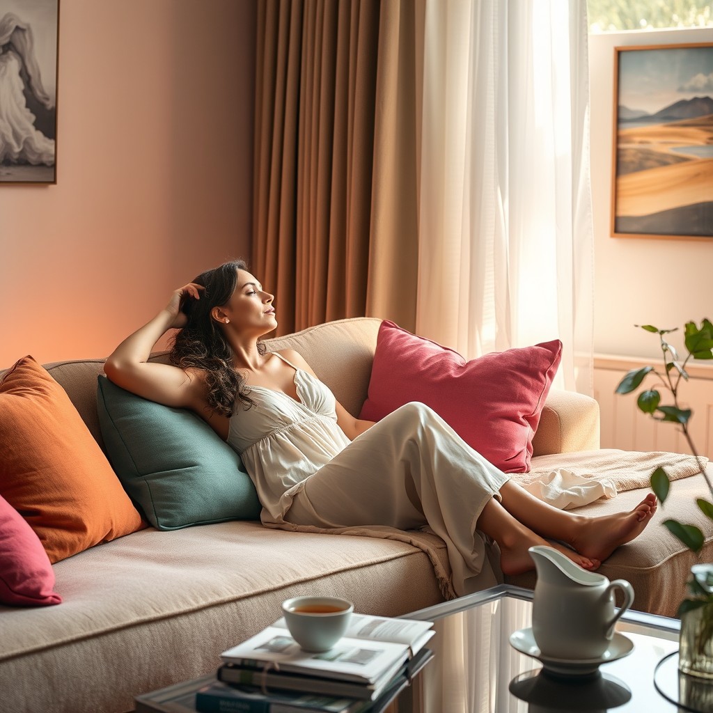A serene woman reclining comfortably on a stylish couch in a cozy living room