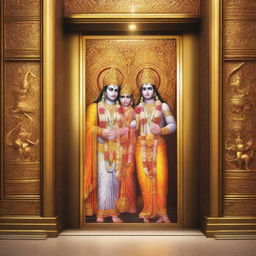 A stunning scene depicting Lord Rama, Goddess Seeta, Lord Laxman and Lord Hanuman collectively exiting a modern elevator, perfectly timed for the moment the elevator doors are sliding open.