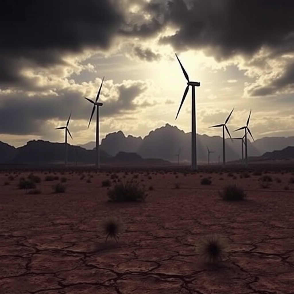 A haunting landscape depicting eerie wind turbines in the Wild West